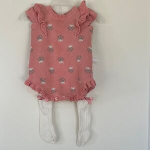 Nicole Miller Pink Knit Ruffle Baby One-Piece with matching Socks